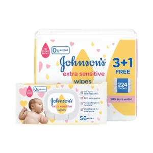 Johnson's Baby Extra Sensitive Wipes – 98% Pure Water (3+1 Packs of 56 Wipes, 224 Total Count)