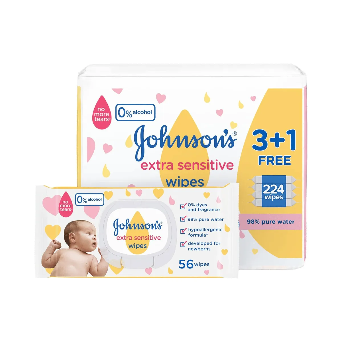 Johnson's Baby Extra Sensitive Wipes – 98% Pure Water (3+1 Packs of 56 Wipes, 224 Total Count)